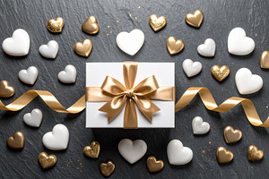 White gift box with gold ribbon and hearts, a Holiday Photo by Davizro's Market