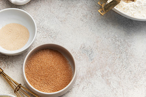 Baking ingredients flat lay preparing kitchen pastry dessert, a Food & Drink Photo by Olena Rudo