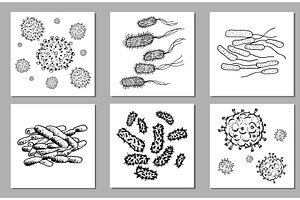 Vector Set of black sketch bacteria