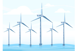 Wind farms in sea. Mill turbines in, an Illustration by Vectorbuum