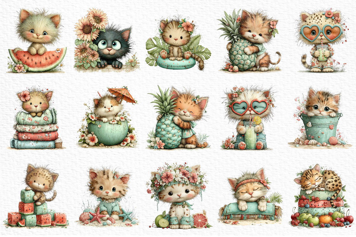 Whimsical Summer Cats Clipart, an Illustration by Craft Nest (Photo 5 of 12)