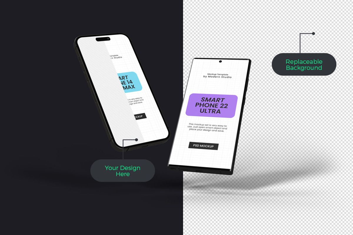 iPhone 14 Pro Max & S22 Ultra Mockup, an iPhone Mockup by Modern Studio (Photo 2 of 20)
