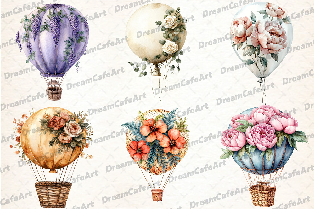 Floral Hot Air Balloons Clipart, an Illustration by DreamCafeArt (Photo 4 of 7)