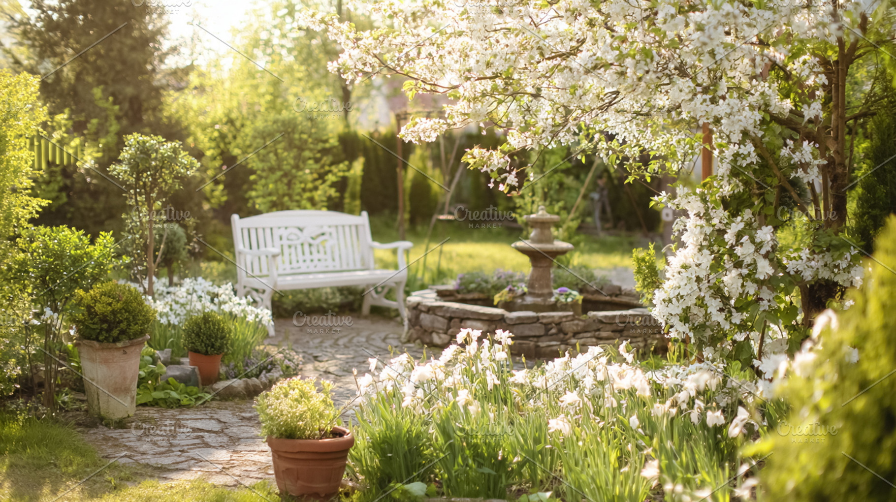 Relaxing garden scene featuring a rustic stone fountain, white w, a Photo by Studio ANNA