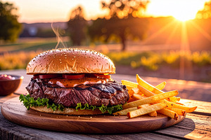 Succulent steak with golden fries on a rustic table, highlighted by the warm gl, a Food & Drink Photo by DutchDigitalDesign