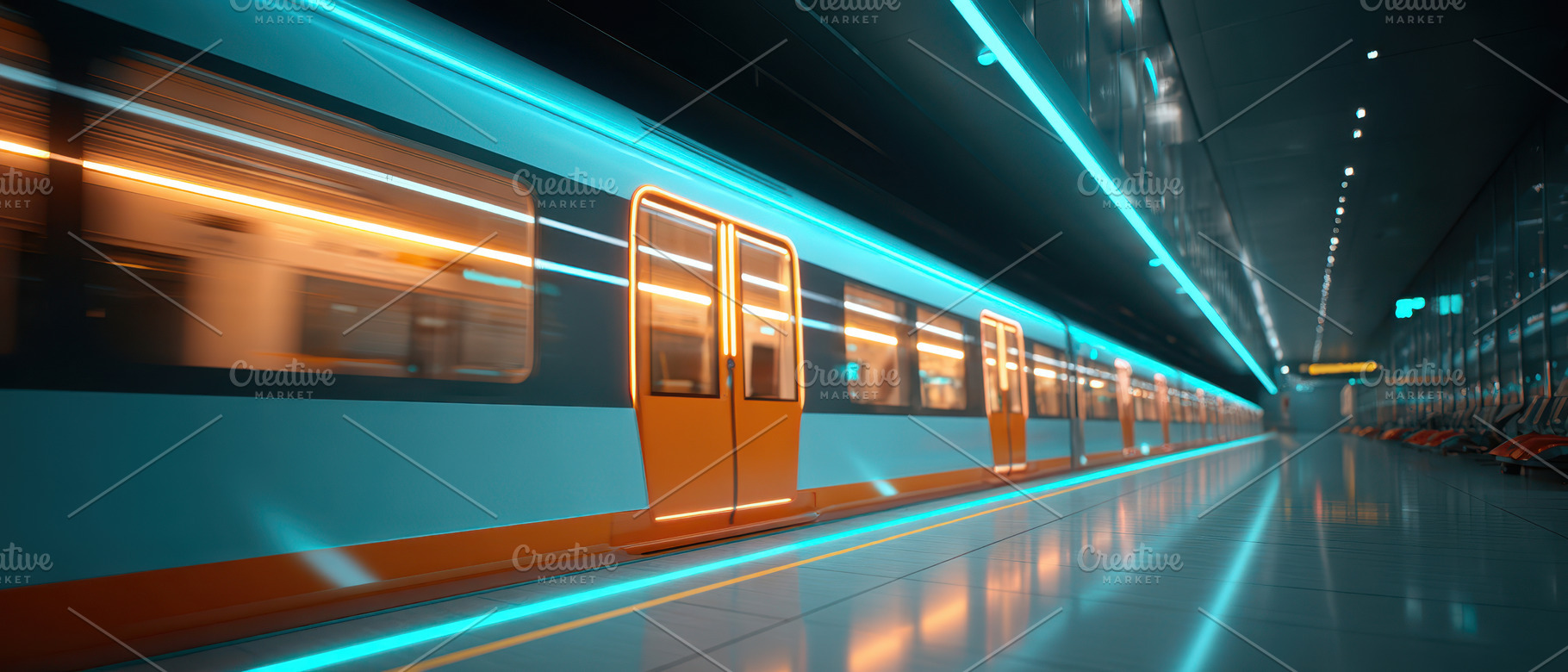 Futuristic neon subway tunnel in motion, a Transportation Photo by AlyaAnd