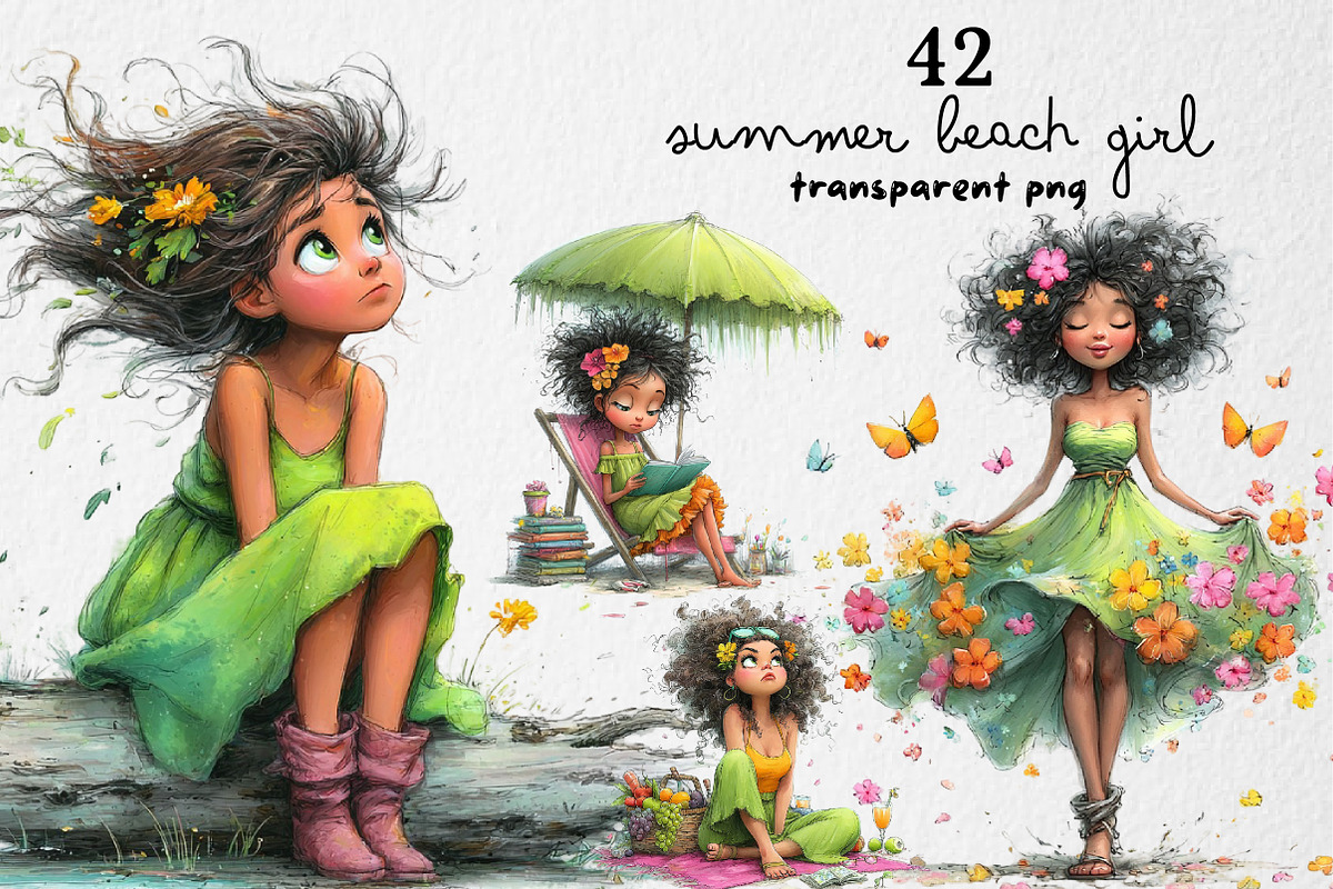 Whimsical Summer Beach Girl Clipart, an Illustration by Dream Creation (Photo 1 of 6)