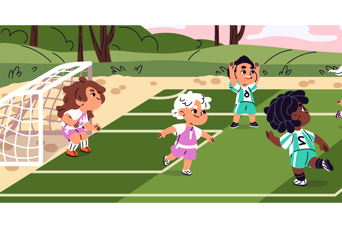 Cute kids play football on field, a Sport Illustration by PaperTrident (Photo 2 of 3)