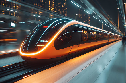 High-speed train travels through a g, a Photo by Tanuart