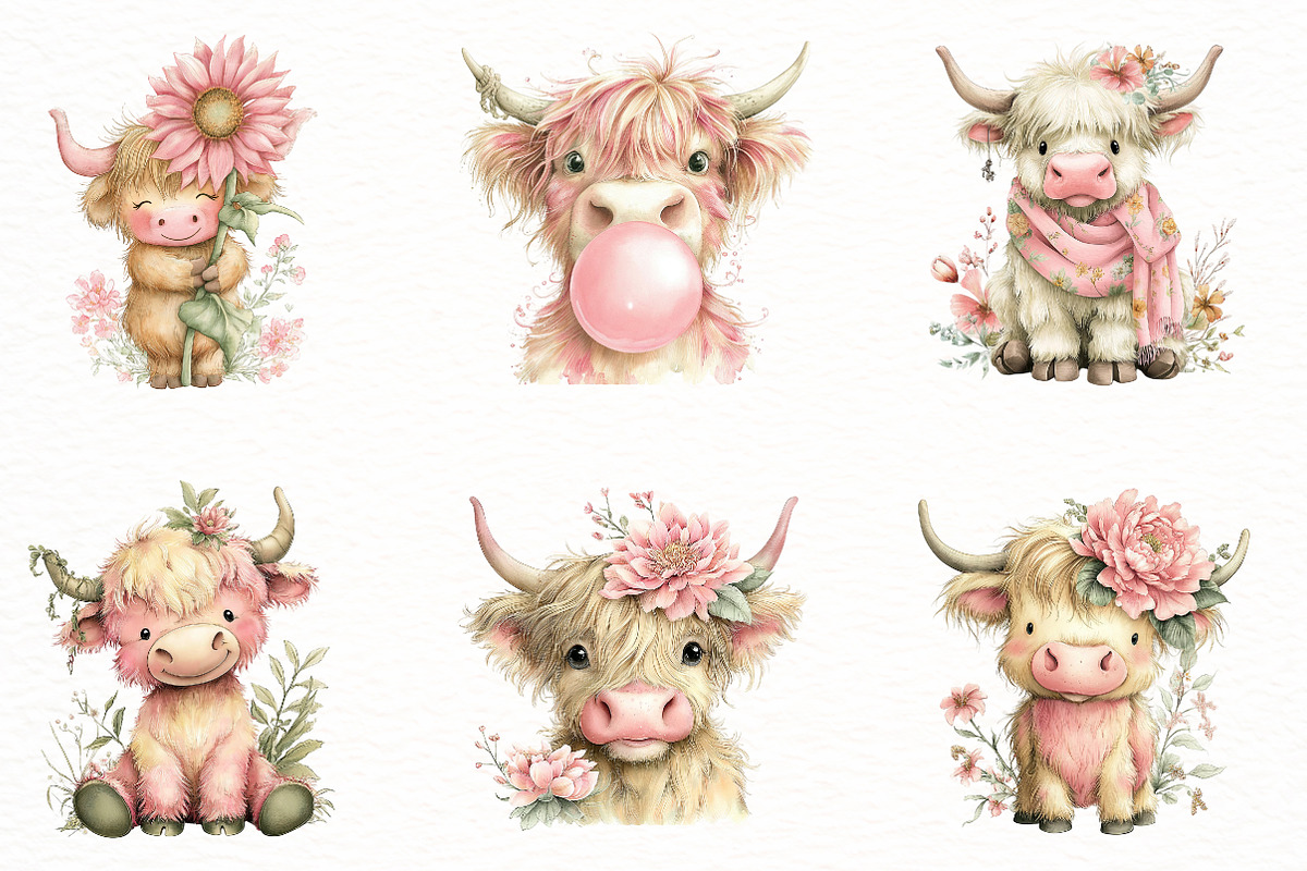 Whimsical Summer Highland Cow Clipar, an Illustration by Designworld (Photo 2 of 8)