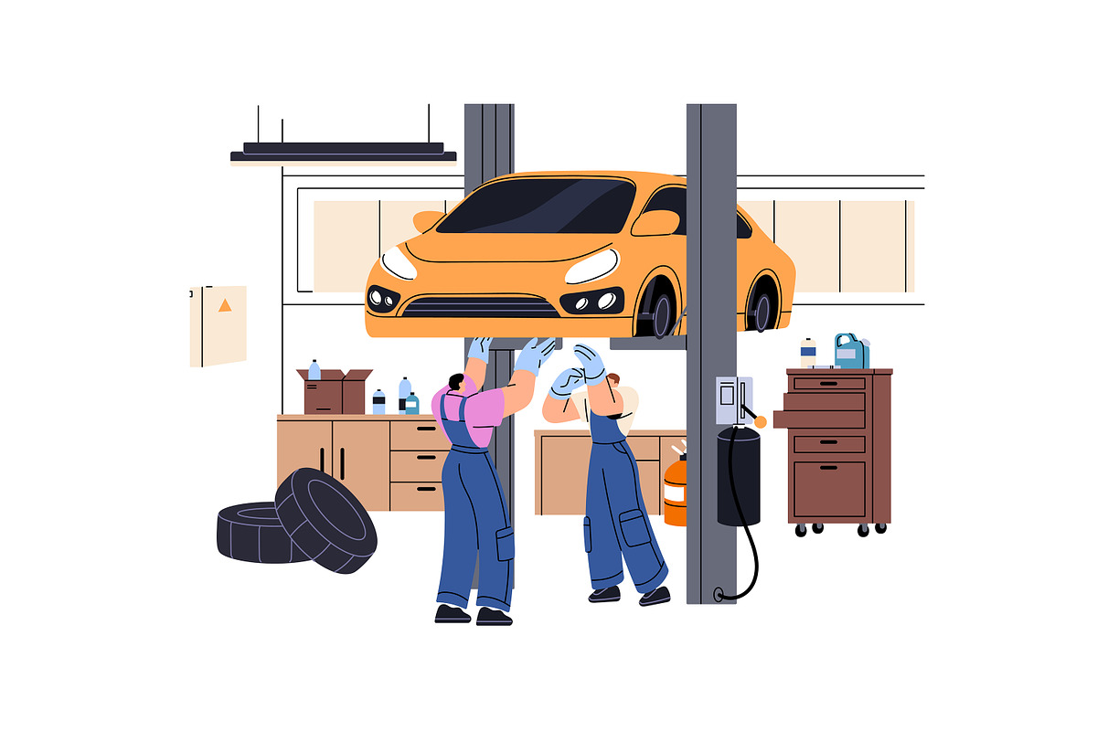 Repairmen repair cars, auto service, a Transportation Illustration by PaperTrident (Photo 2 of 9)