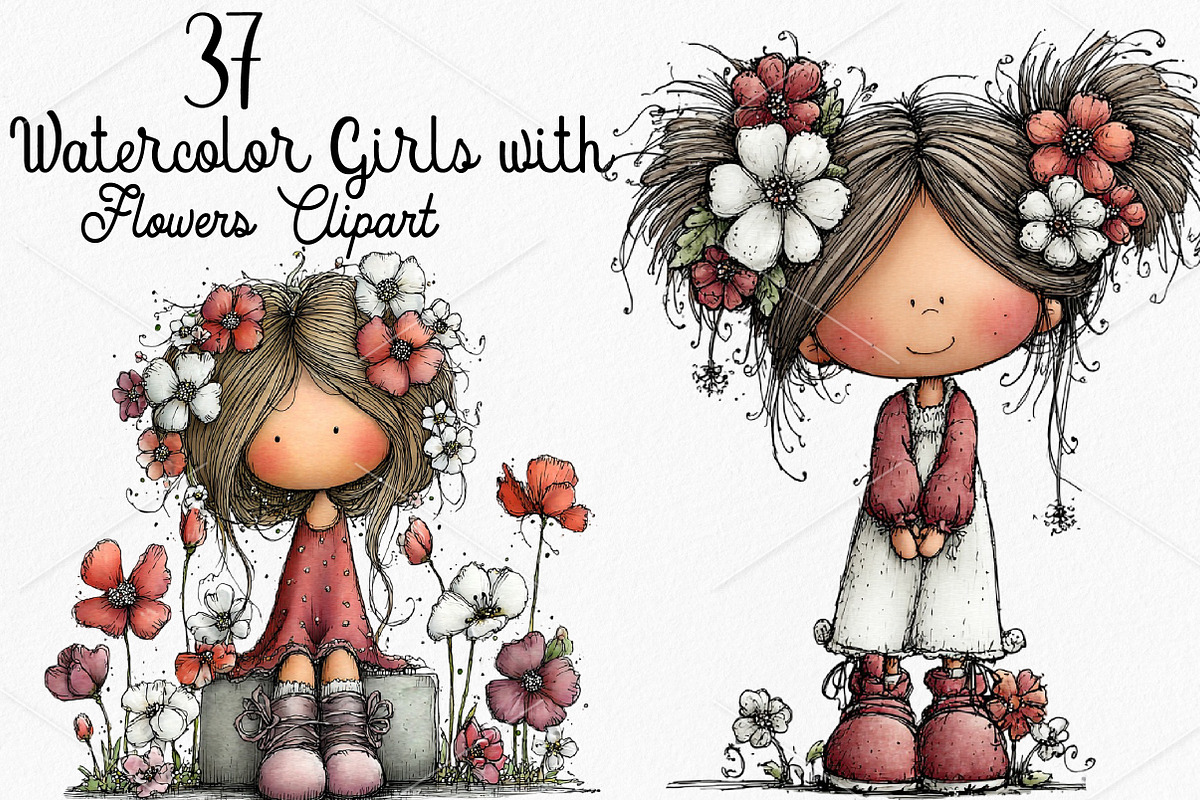 Watercolor Girls with Flowers PNG, a Seasonal Illustration by Canvas Craft (Photo 1 of 7)