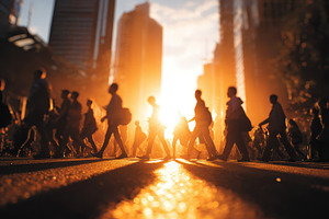 Silhouetted pedestrians walking city, a Photo by Pixeness Studio