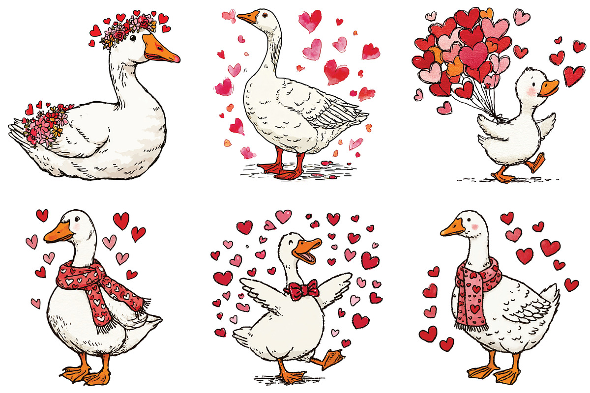 Watercolor Goose Valentine Clipart, an Illustration by CraftArtStudio (Photo 3 of 6)