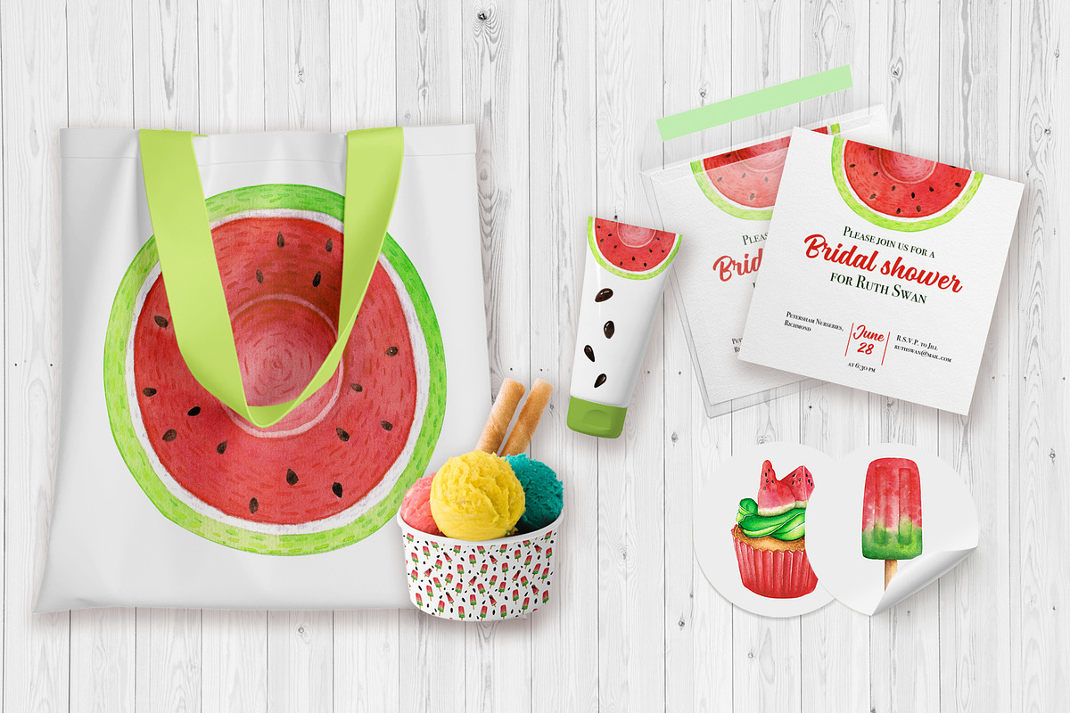 Watercolor Watermelon party clipart., a Food Illustration by NinaBrai (Photo 4 of 5)