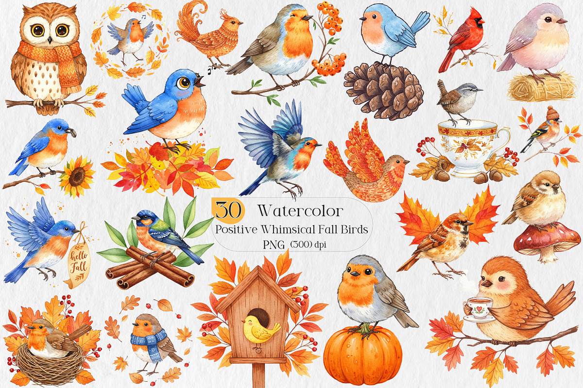 Positive Whimsical Fall Birds Bundle, an Illustration by Creative Art (Photo 1 of 9)