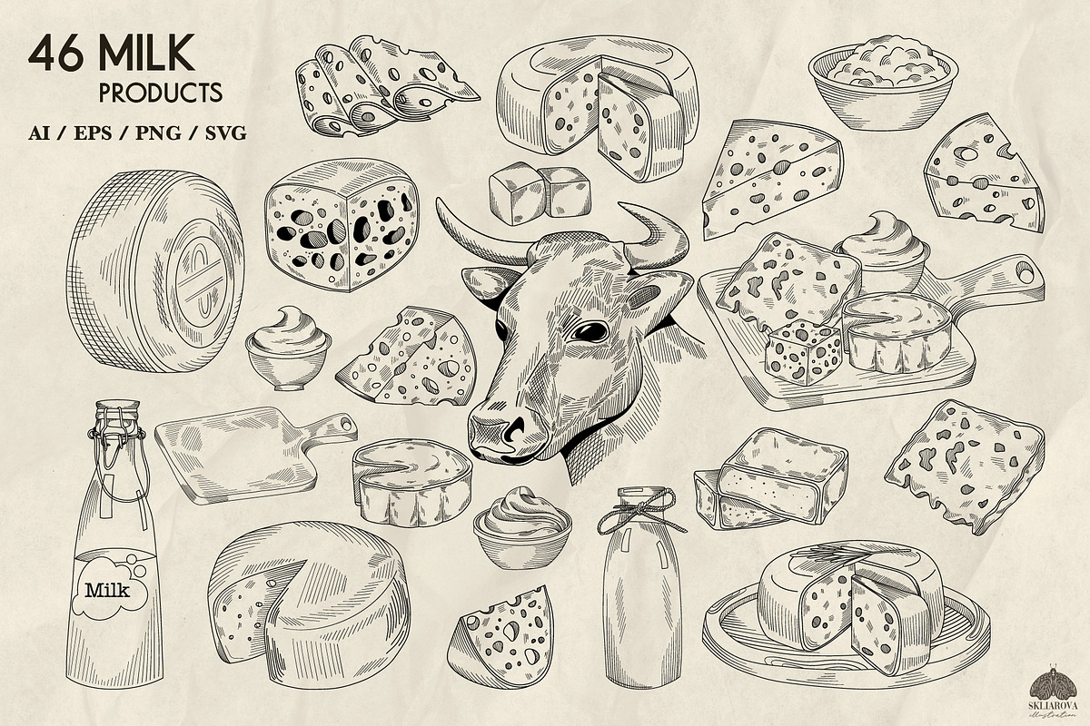 Milk products line art + Procreate, a Food Illustration by Skliarova (Photo 2 of 3)