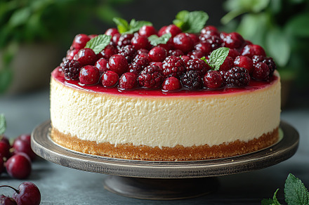 Delicious cake with frosting cream and ripe berries, a Food & Drink Photo by AlyaAnd