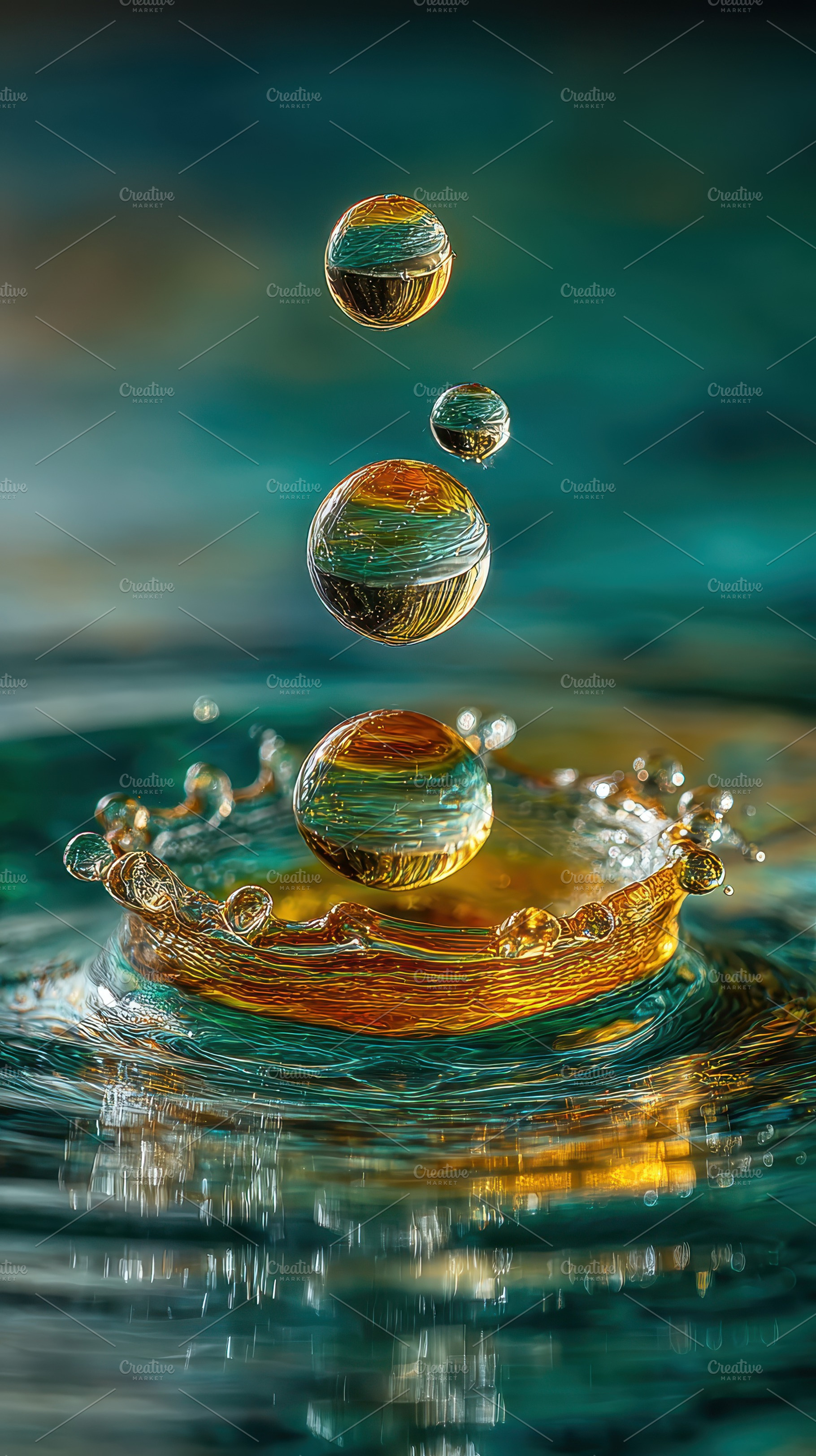 Golden Water Droplets Splashing Teal, a Photo by Pixeness Studio
