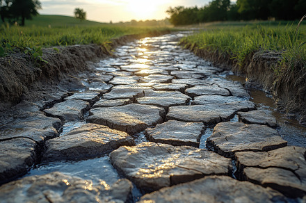 Dried earth shows cracks as sunlight, a Photo by Tanuart