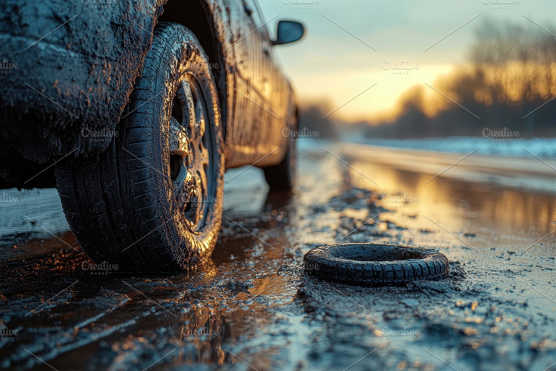 Car stuck in mud on a rural road dur, a Photo by Tanuart