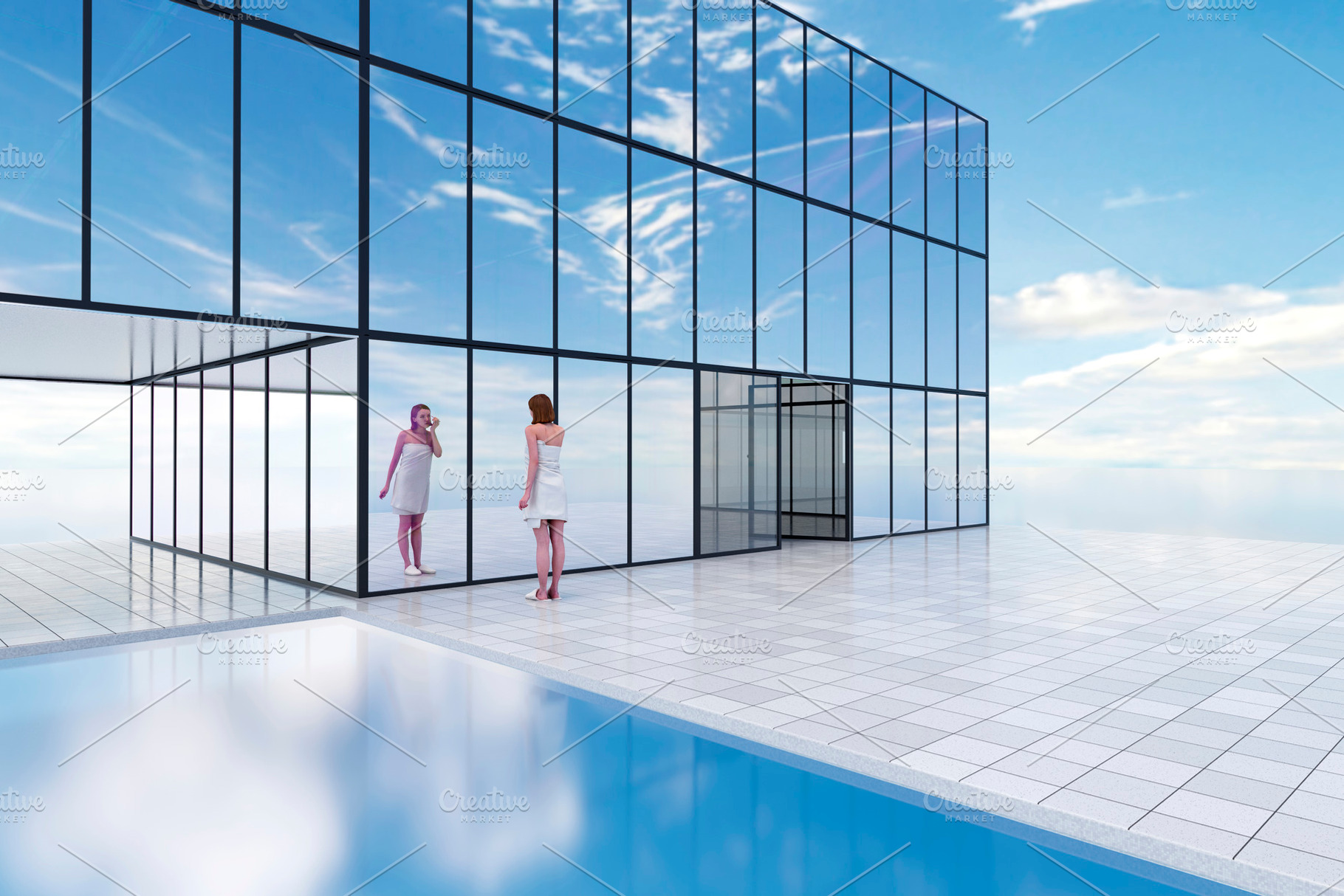 Woman standing by modern glass building with pool reflection, an Architecture Photo by RF Images