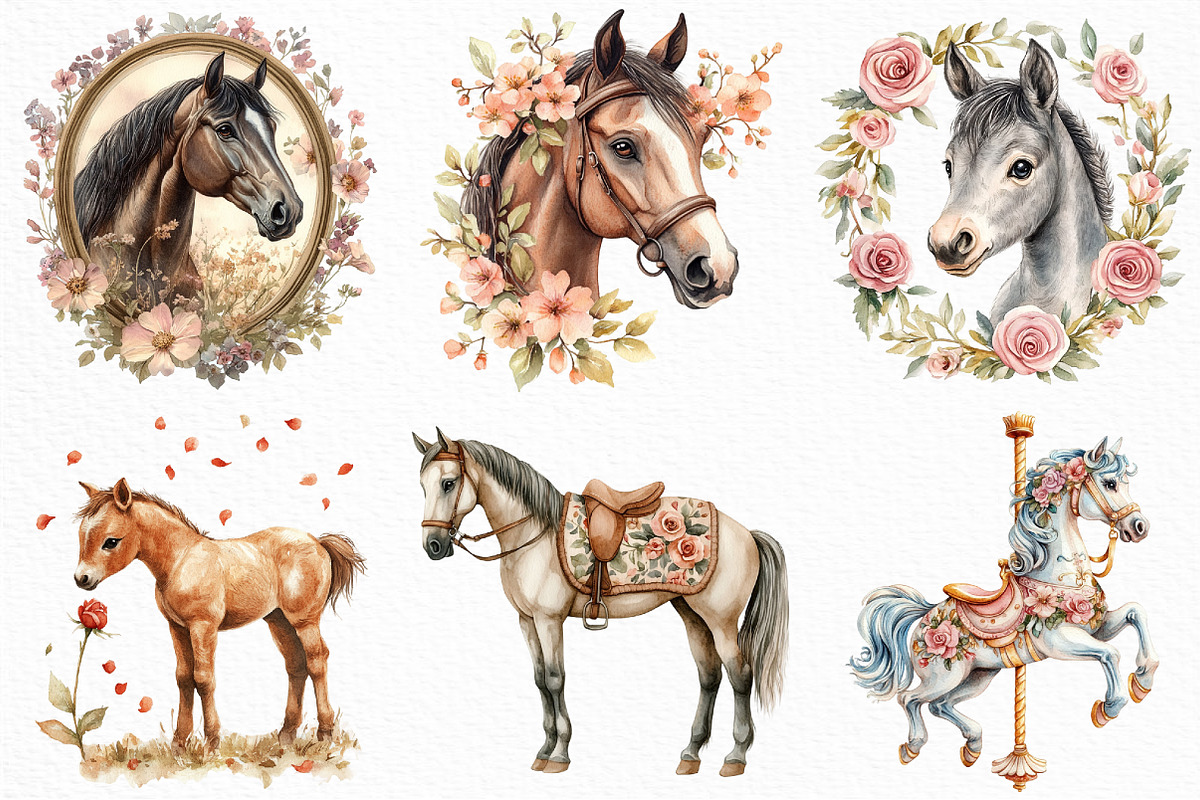 Watercolor Floral Horse Clipart, an Illustration by Craft Nest (Photo 3 of 6)