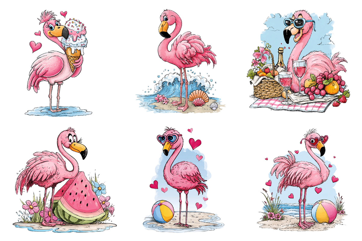 Watercolor Summer Flamingo Clipart, an Illustration by Dream Creation (Photo 3 of 7)