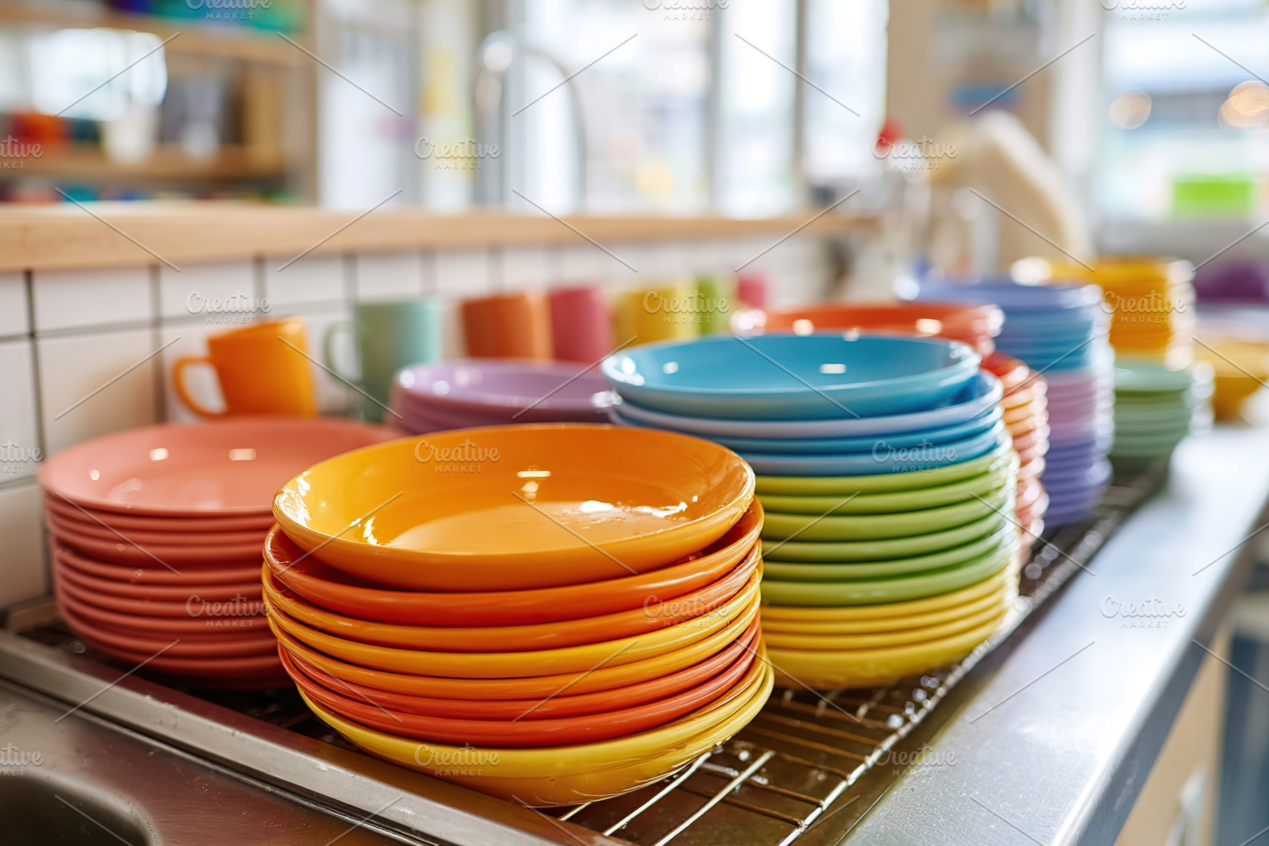 Colorful ceramic plates and bowls stacked neatly in a cafe kitchen during busy, a Food & Drink Photo by AlyaAnd