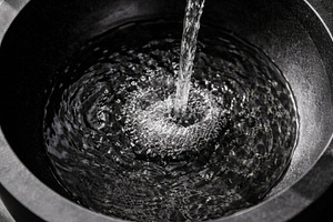 Water flowing into black stone sink, a Photo by Dvoevnore photos