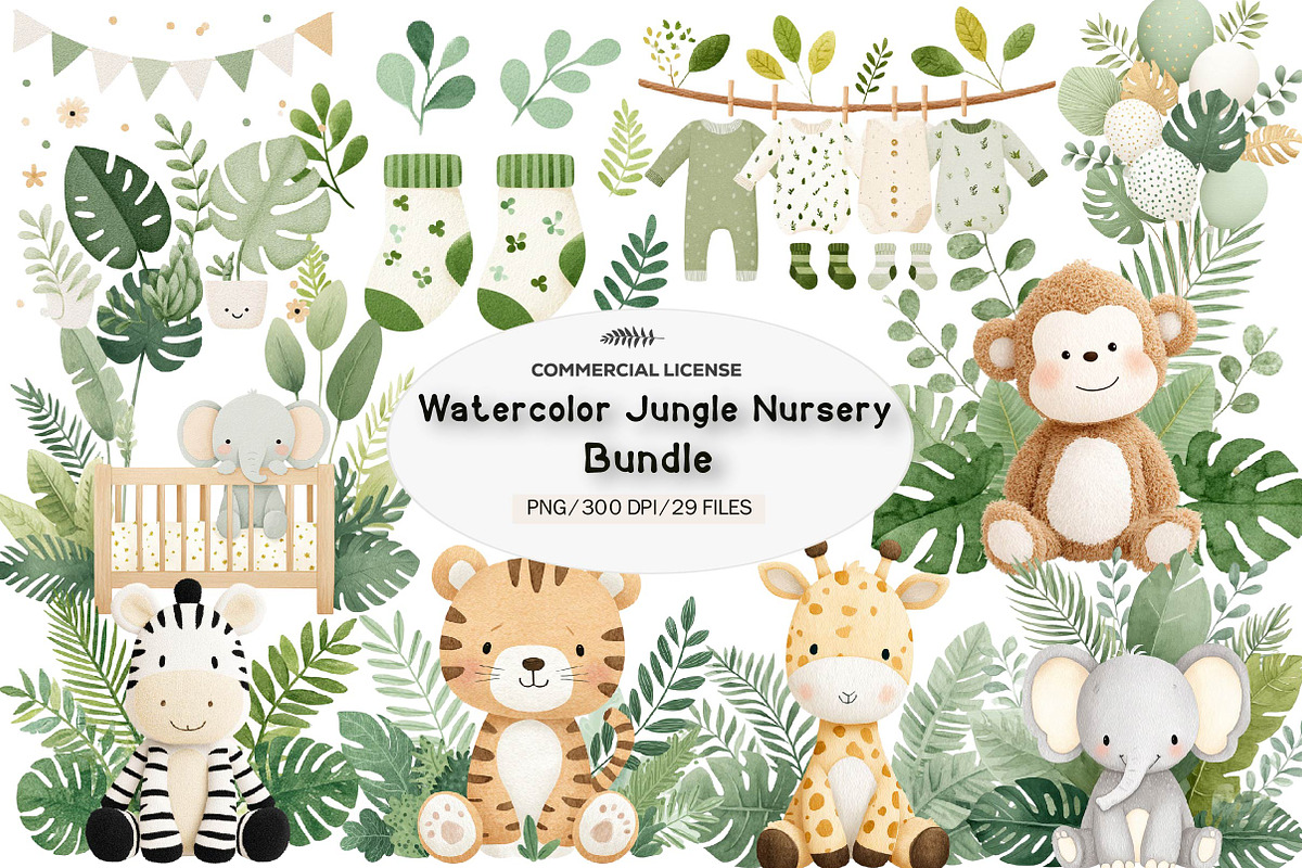 Watercolor Jungle Nursery Clipart, a Seasonal Illustration by CreationArt (Photo 1 of 4)