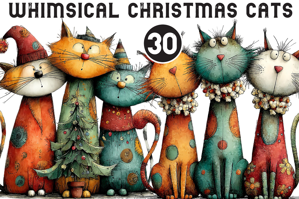 Whimsical Christmas Cats Clipart, an Illustration by Black Bird Studio (Photo 1 of 6)
