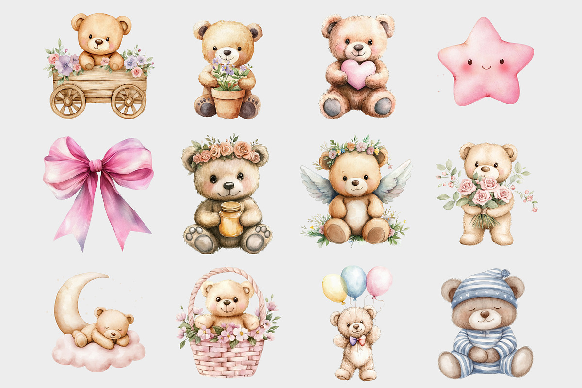 Watercolor Pink Teddy Bear Clipart, a Seasonal Illustration by Design Market (Photo 3 of 5)