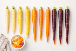 Rainbow carrots arranged in gradient, a Photo by Dvoevnore photos