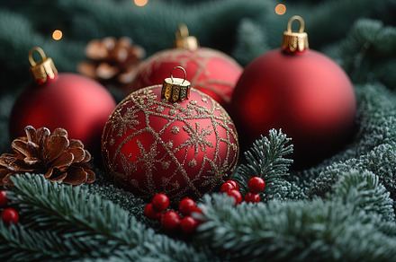 Beautiful festive ornaments in red a, a Photo by Tanuart