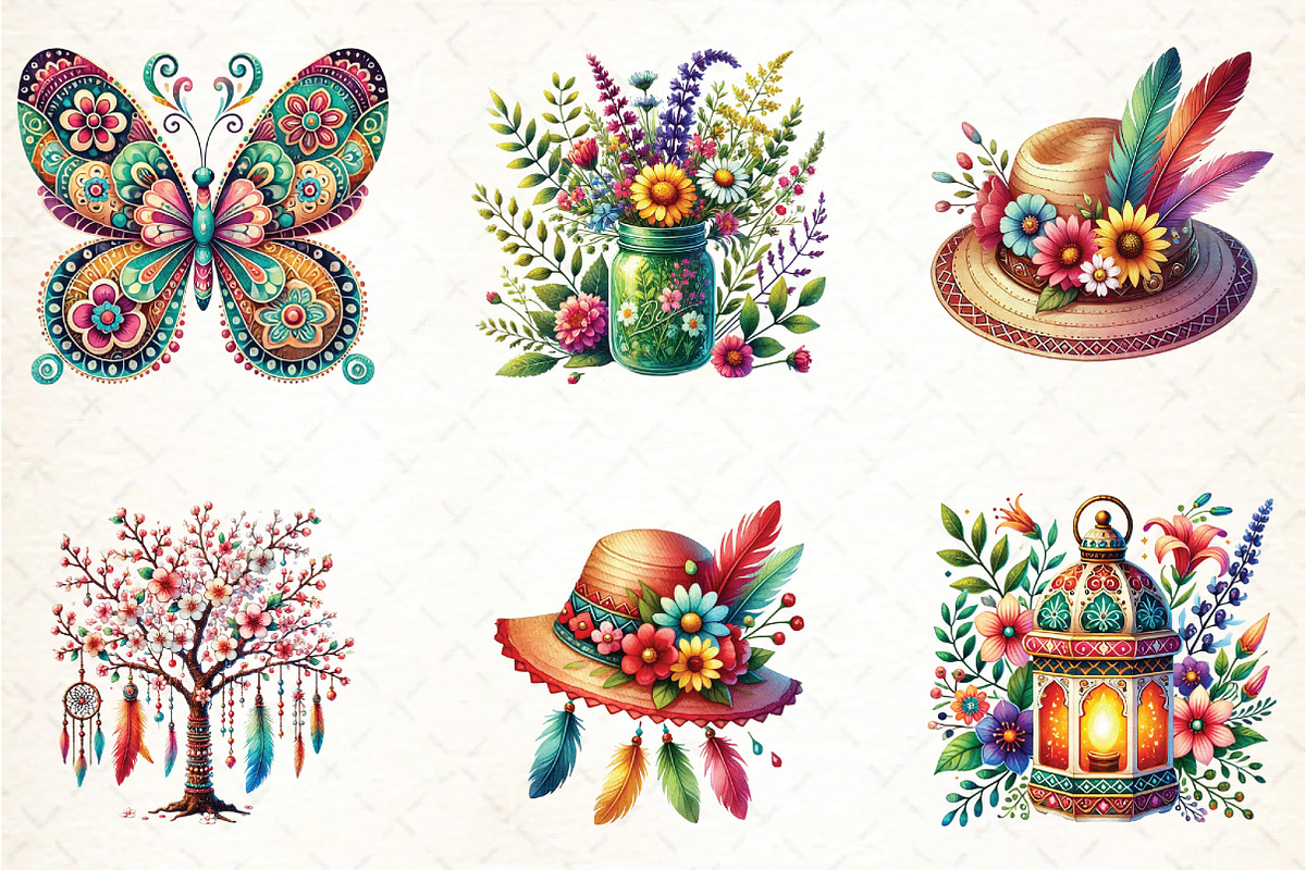 Watercolor  Boho Spring Clipart, an Illustration by DreamCafeArt (Photo 2 of 5)