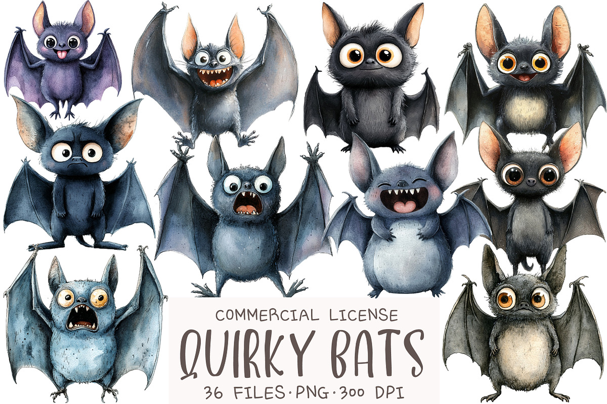Quirky Bats Watercolor Clipart, an Illustration by OK Design (Photo 1 of 5)