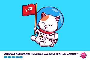 Cute Cat Astronaut Holding Flag