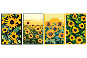 Sunflower field vertical posters set, an Illustration by Valerie Bodnar
