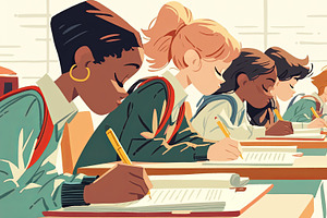 Diverse students focused on classroom writing assignments in a bright school se, an Illustration by AS photostudio