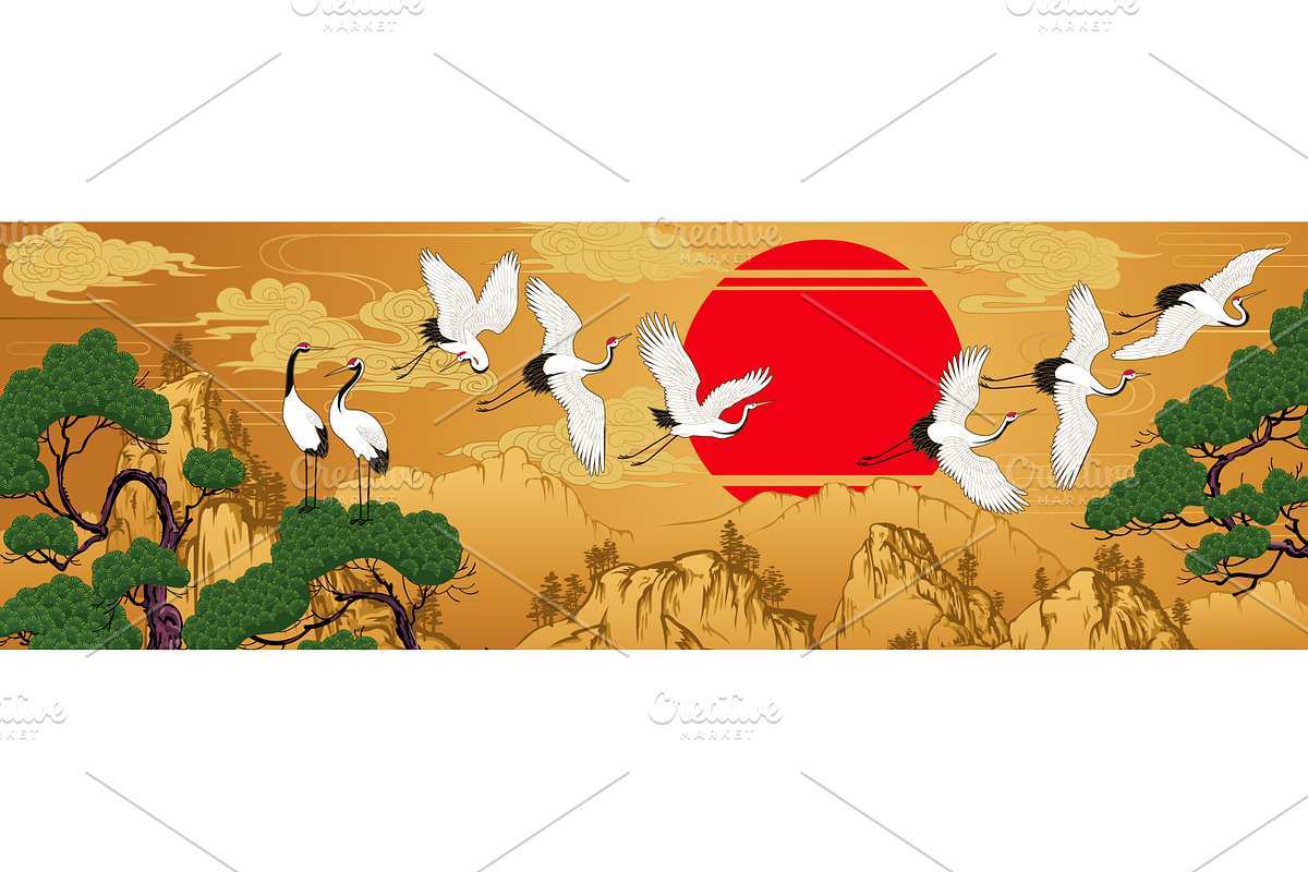Horizontal landscape with cranes, a Decorative Illustration by Good vibes only