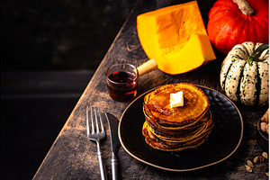 Pumpkin pancakes with maple syrup, a Food & Drink Photo by Yulia Furman