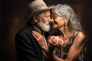 Elderly couple in a tender embrace, holding roses against a dark background., a Person Photo by ImageMir