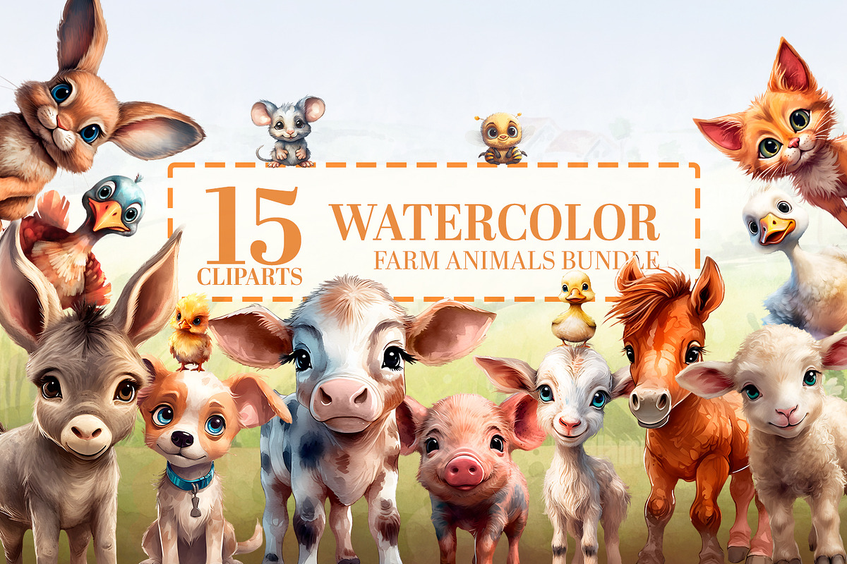 15 Watercolor Farm Animals Bundle, an Object Graphic by SharpMarketplace