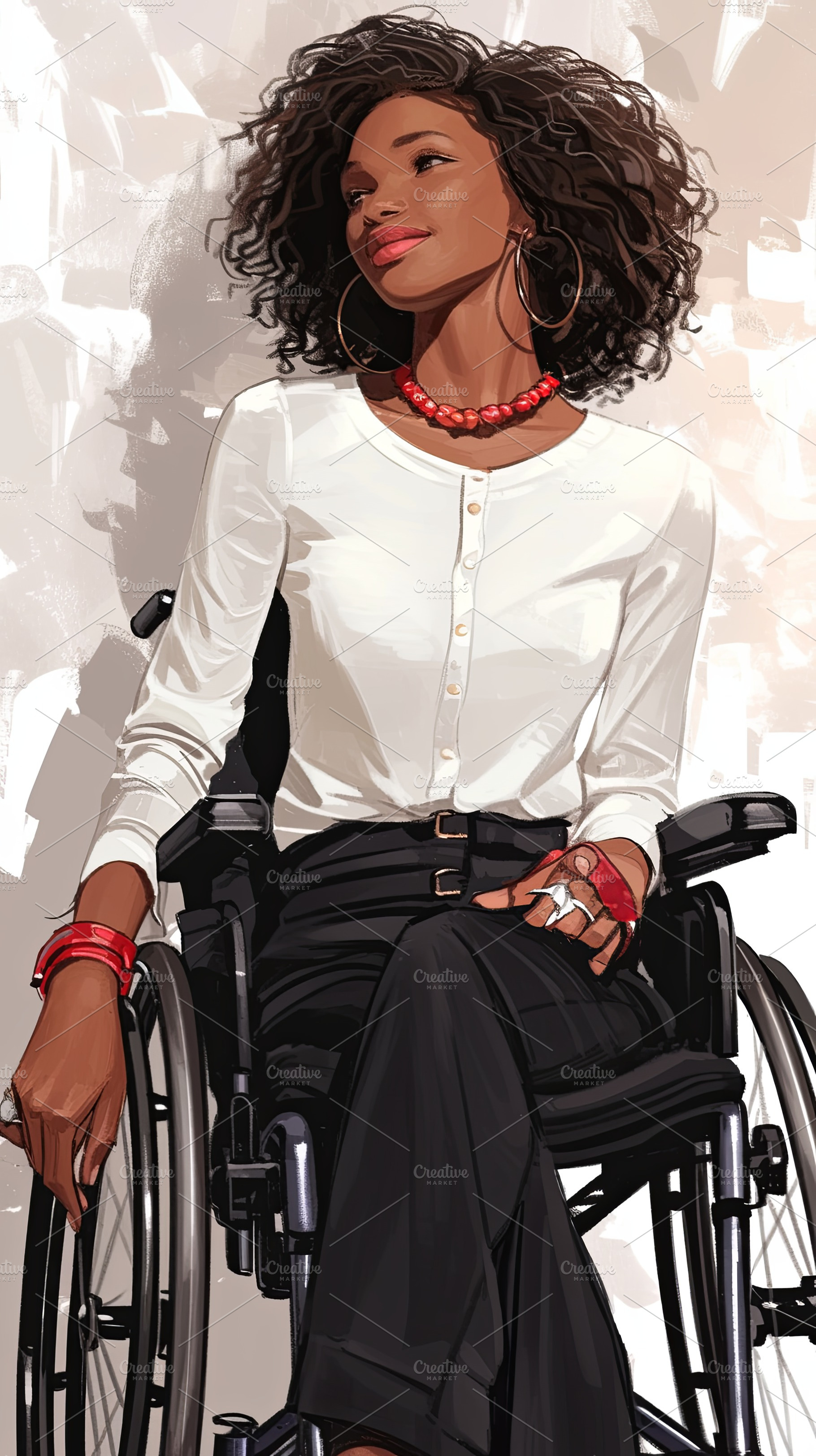Confident young woman in a wheelchair wearing elegant clothing and accessories, a Photo by AS photostudio