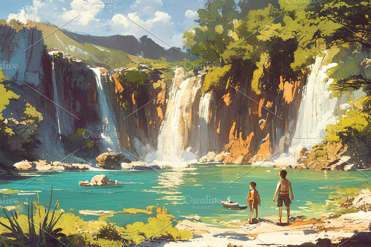 Children admiring a tranquil waterfall surrounded by lush greenery and bright s, an Illustration by AS photostudio