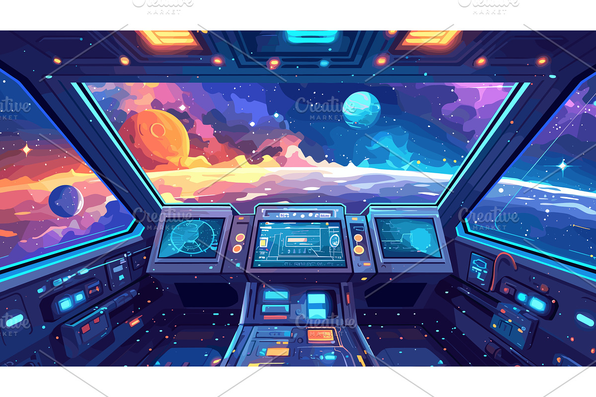 Cartoon spaceship cockpit. Space, a Technology Illustration by Stock-Smart-Start