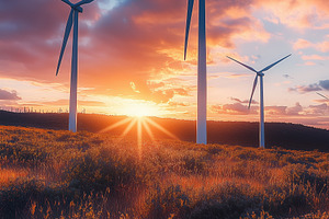 A picturesque landscape featuring wind turbines against a vibrant sunset. The s, a Technology Photo by Textures & Backgrounds
