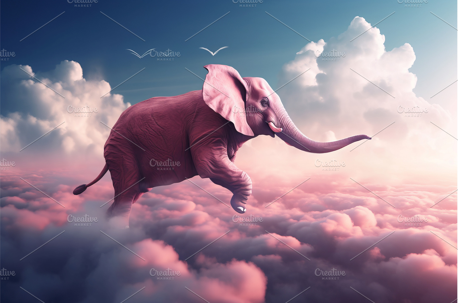 Pink elephant flying. Generate AI, an Abstract Photo by Ylivdesign