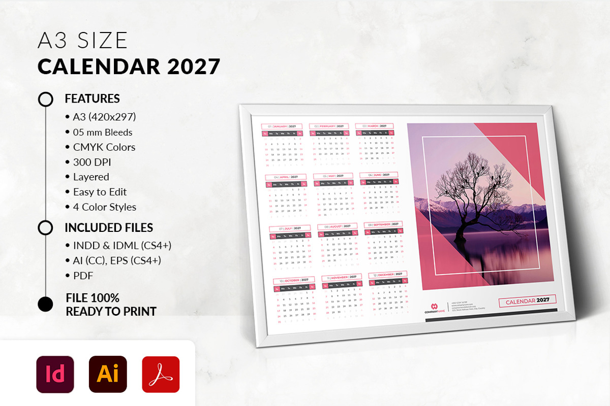 A3 Landscape Calendar 2027 Template, a Stationery Template by MstArtwork (Photo 4 of 5)